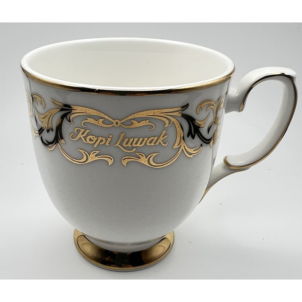 Vintage Hankook Ceramic Kopi Luwak Lidded Coffee Cup Saucer Set Gold Trim Rare - Picture 7 of 16